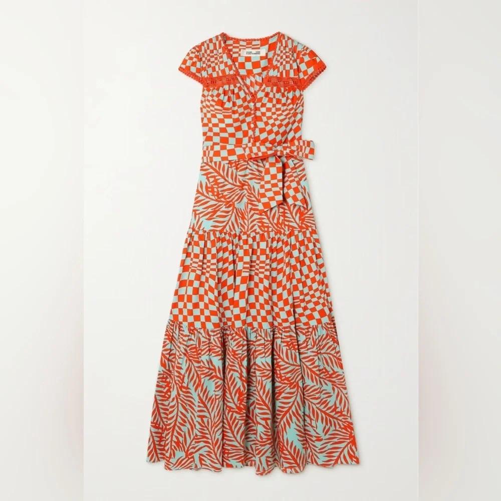 DIANE VON FURSTENBERG Sinead Belted Printed Crochet-Trimmed Poplin Midi Dress - Picture 1 of 11